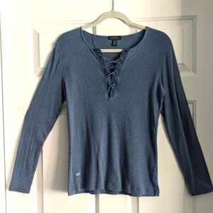 Ralph Lauren blue DENIM & SUPPLY 100% cotton lace-Up neckline LS blue Knit top